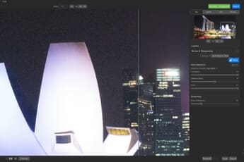 ON1 NoNoise AI noise reduction software main window with a before/after slider splitting a magnified urban nightscape image.