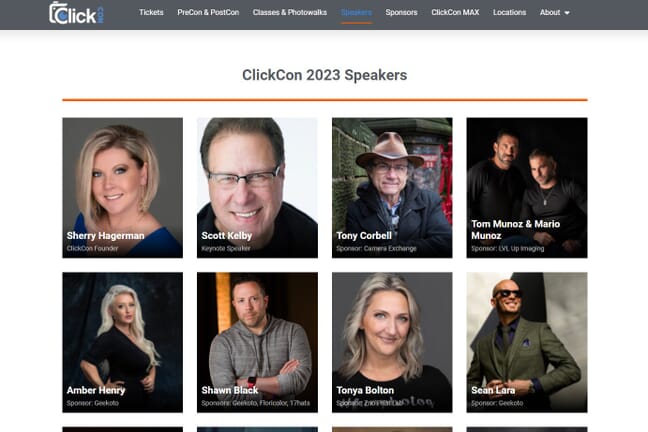 Guest speakers at ClickCon in 2023 including Sherry Hagerman, Scott Kelby, and Tony Corbell.