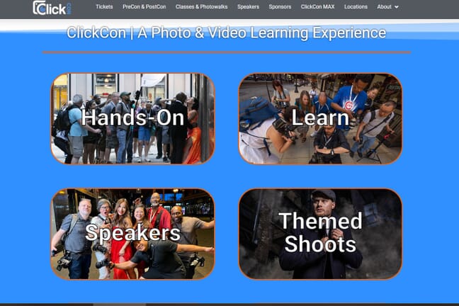 Different activities at ClickCon, including speakers, themed shoots, and education.