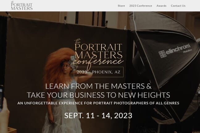 The Portrait Masters Conference website with an octobox studio setup and event dates.