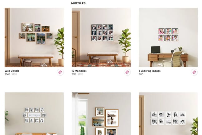 The Mixtiles website showing a variety of photo tile products.