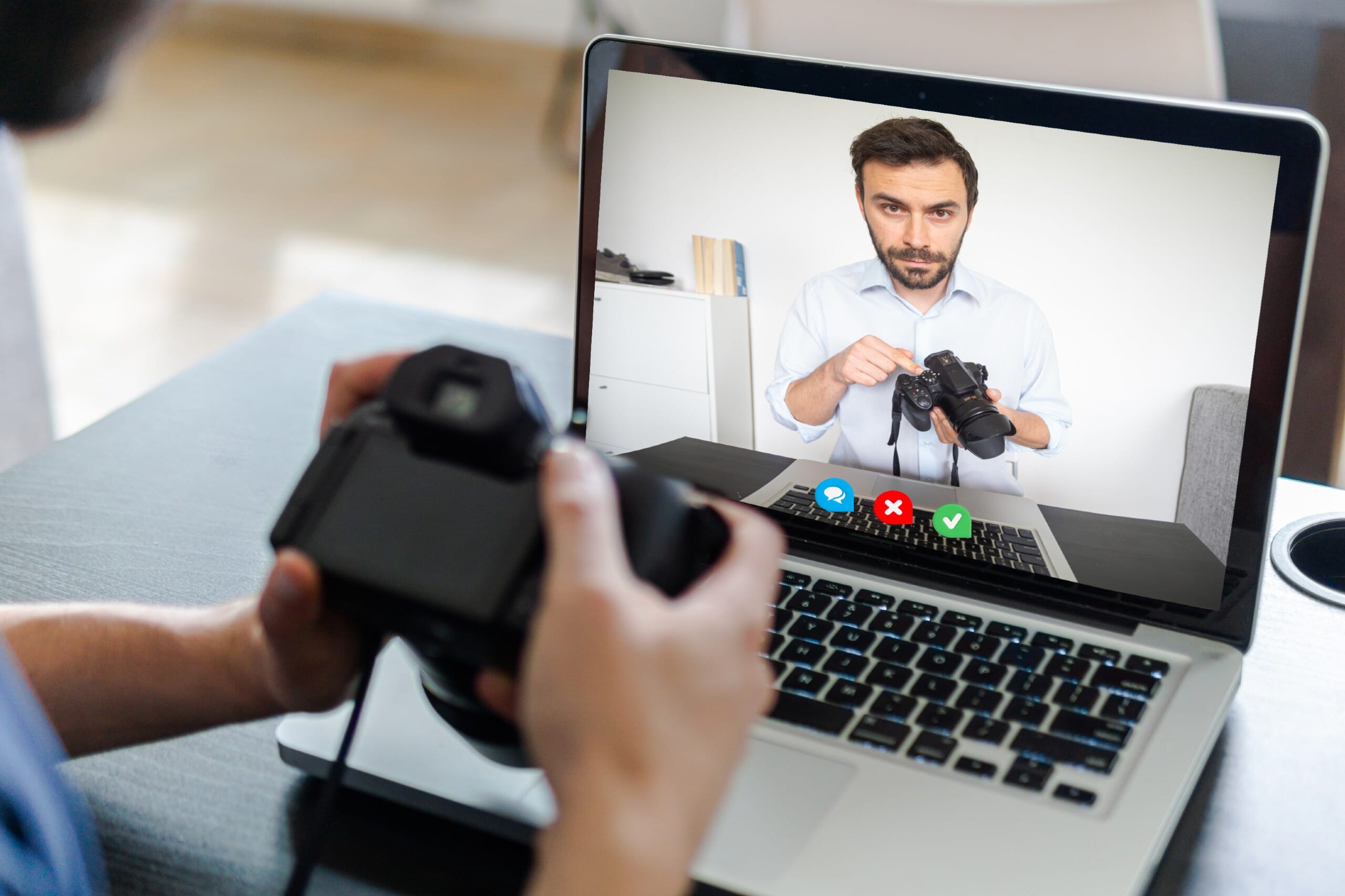 Back view of caucasian man follow a online photography course. Man using laptop for a online lesson in video call.