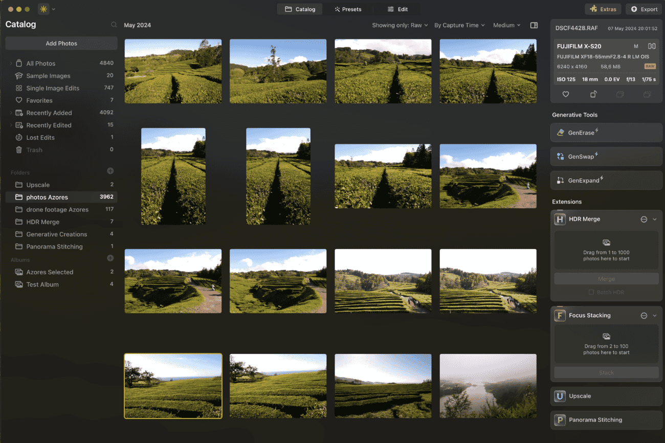 Luminar Neo catalog view showing photo organization interface