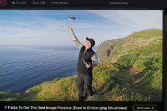 Drone instructor let's his drone take off on a cliff showing the ocean in the background.