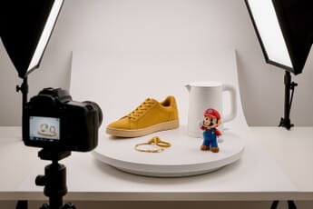 Rotating stand actively being used to photograph different types of products (e.g., jewelry, a shoe, a small appliance, a figurine) in a clean, well-lit studio setup, showcasing its versatility.