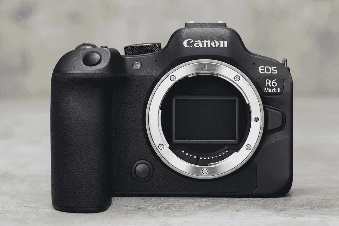 Front view of a Canon EOS R6 Mark II mirrorless camera body showcasing its sleek black design and full-frame sensor.