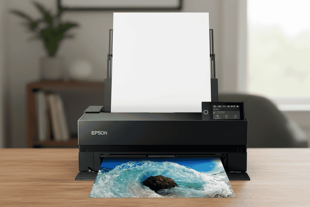 A modern Epson photo printer sits on a wooden desk, printing a vibrant, high-resolution beach scene with crashing waves and vivid colors.