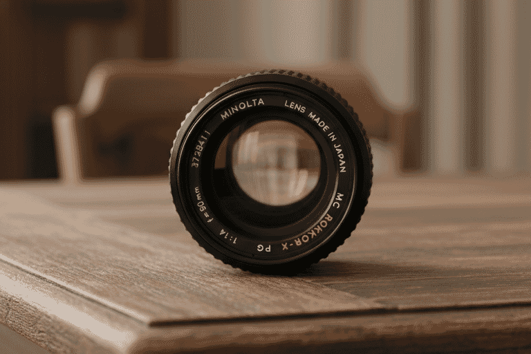 A vintage Minolta Rokkor-X 50mm f/1.4 lens rests on a rustic wooden table, showcasing its classic design and premium craftsmanship.