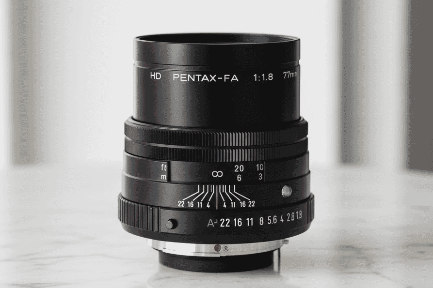 Close-up of the HD Pentax-FA 77mm f/1.8 lens showcasing its sleek black design, manual focus ring, and aperture markings on a marble surface.