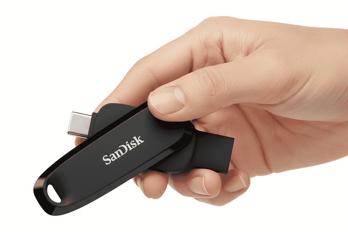 Hand holds SanDisk photo stick