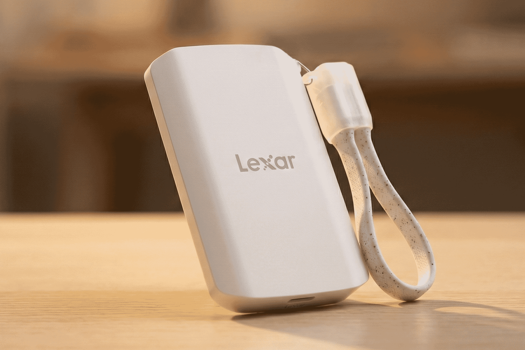 Sleek white Lexar portable SSD with a speckled lanyard, placed on a wooden surface with soft background lighting highlighting its compact design.