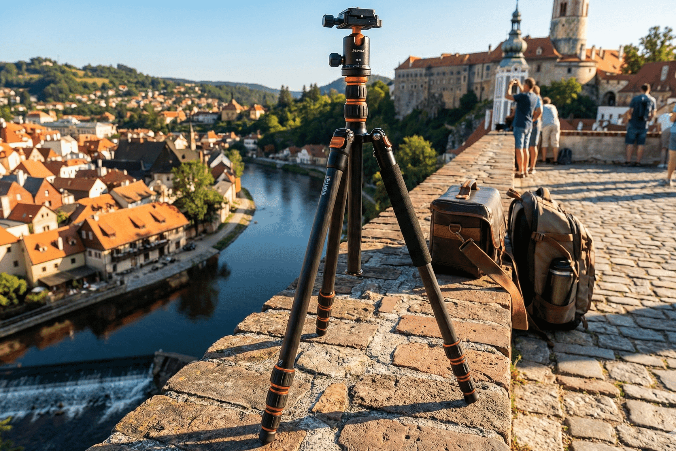 Sturdy travel tripod set on a scenic stone terrace overlooking a charming European town with red rooftops and a winding river at sunset.