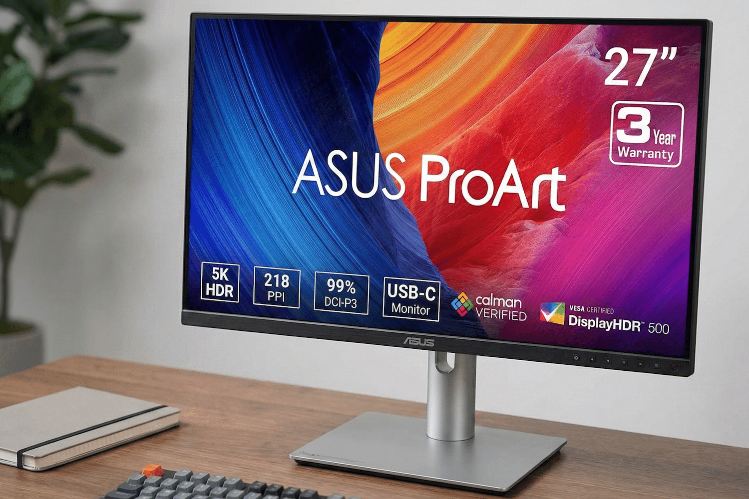 The ASUS ProArt 27-inch 5K HDR monitor features vibrant color accuracy, 218 PPI resolution, USB-C connectivity, and DisplayHDR 500 certification for creative professionals.