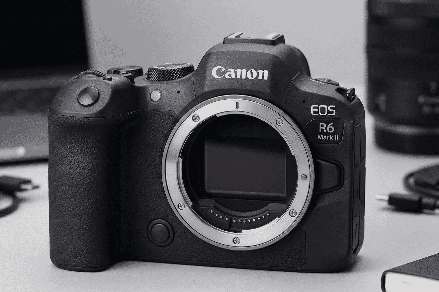 The Canon EOS R6 Mark II full-frame mirrorless camera body is displayed on a desk, showcasing its sleek design and sensor detail.
