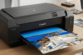 A professional Canon PRO-1100 photo printer produces a vibrant, high-resolution landscape image on glossy paper in a modern office setting.