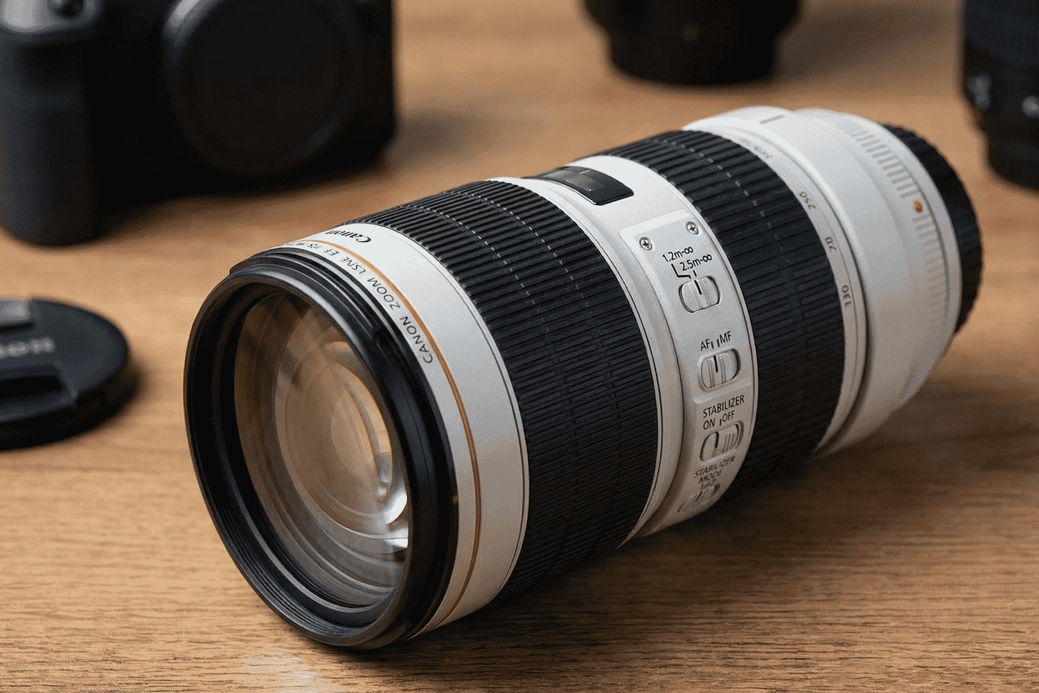 Close-up of a professional Canon zoom lens with image stabilizer, placed on a wooden surface alongside camera gear in a studio setting.