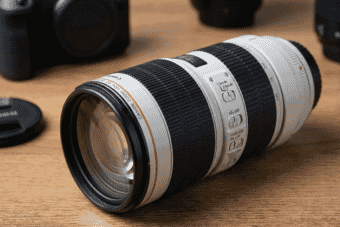 Close-up of a professional Canon zoom lens with image stabilizer, placed on a wooden surface alongside camera gear in a studio setting.