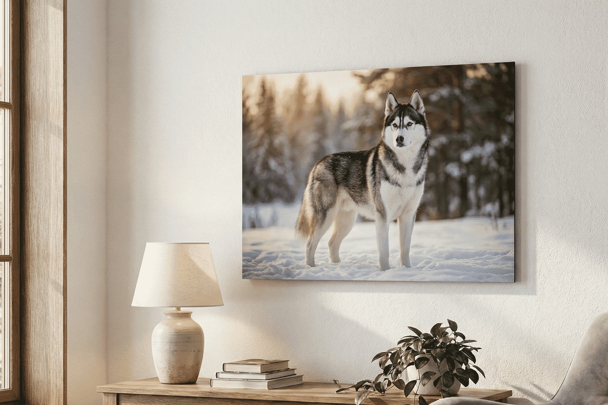 Metal print wall art of a majestic Siberian Husky standing in a snowy forest adds rustic charm to a cozy, sunlit living room space.