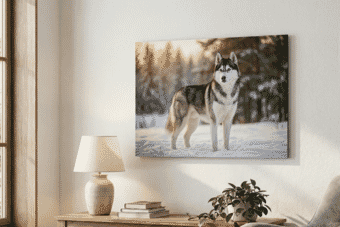 Metal print wall art of a majestic Siberian Husky standing in a snowy forest adds rustic charm to a cozy, sunlit living room space.