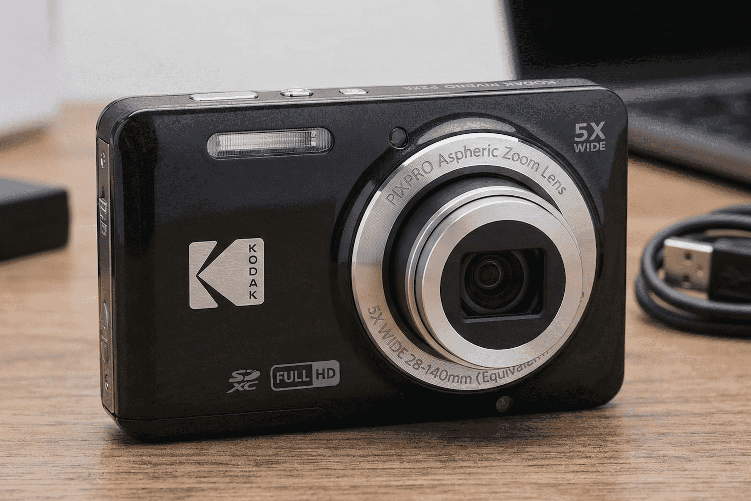 A compact black Kodak PixPro digital camera with a 5X zoom lens sits on a wooden desk near a USB cable and laptop.