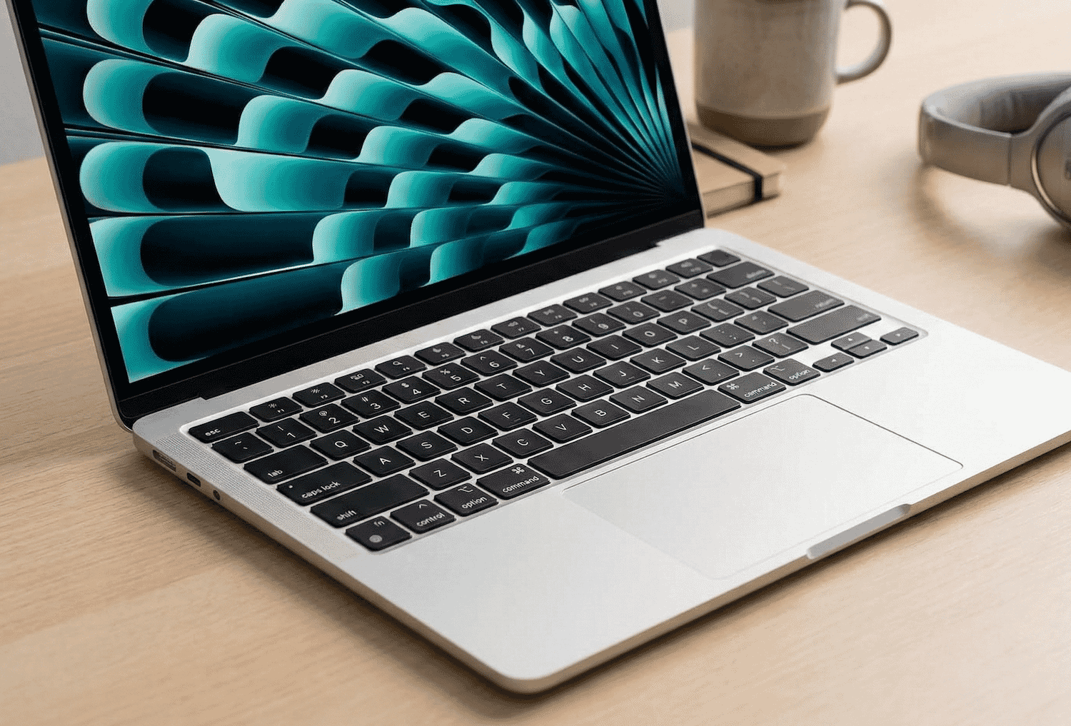 Sleek silver laptop with a vibrant abstract screen sits on a wooden desk, accompanied by wireless headphones and a coffee mug.