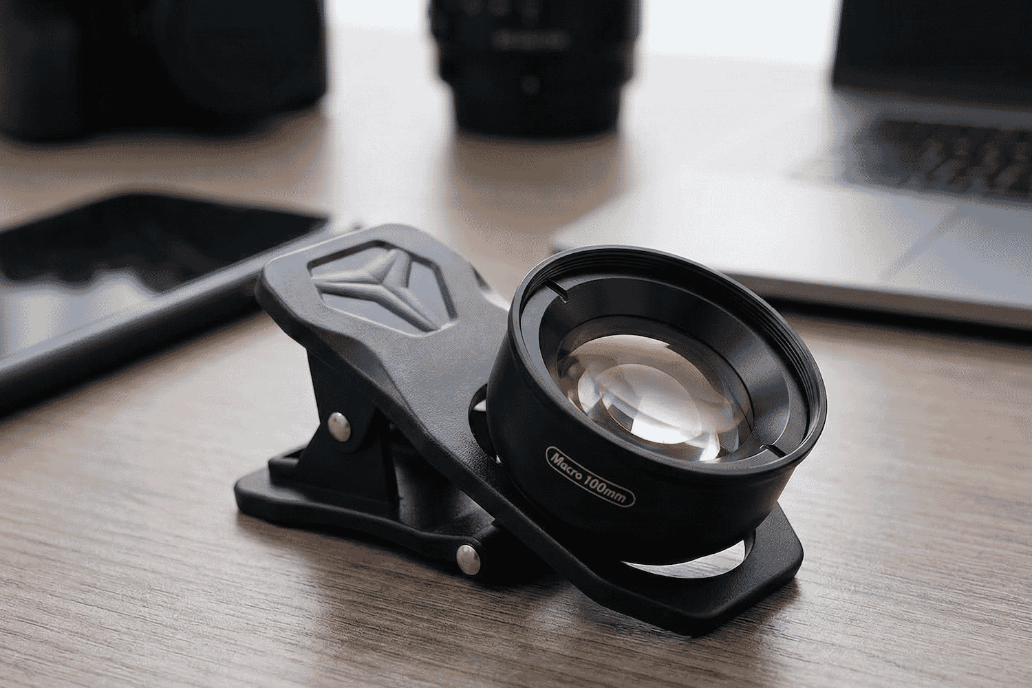 A high-quality 100mm macro smartphone lens clip rests on a modern wooden desk, surrounded by photography gear and sleek tech accessories.