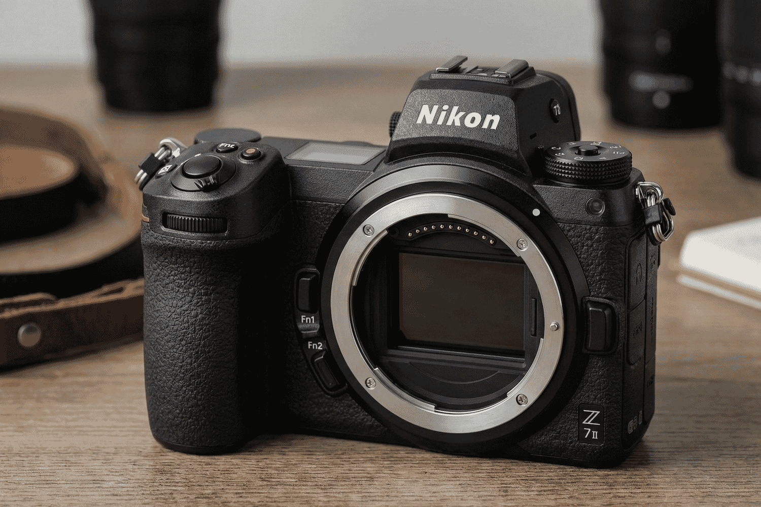 A close-up of the sleek and professional Nikon Z7 II mirrorless camera body displayed on a wooden surface with soft background blur.