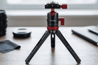 Compact and durable SmallRig tabletop tripod with ball head and red adjustment knobs, ideal for DSLR cameras and desktop photography setups.