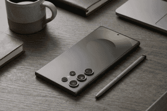 A sleek Samsung Galaxy S smartphone and stylus rest on a modern wooden desk, surrounded by tech accessories and minimalist workspace decor.