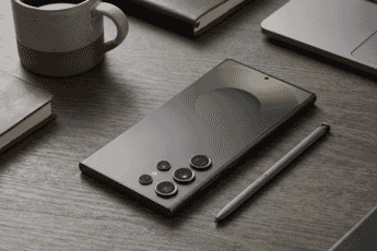 A sleek Samsung Galaxy S smartphone and stylus rest on a modern wooden desk, surrounded by tech accessories and minimalist workspace decor.