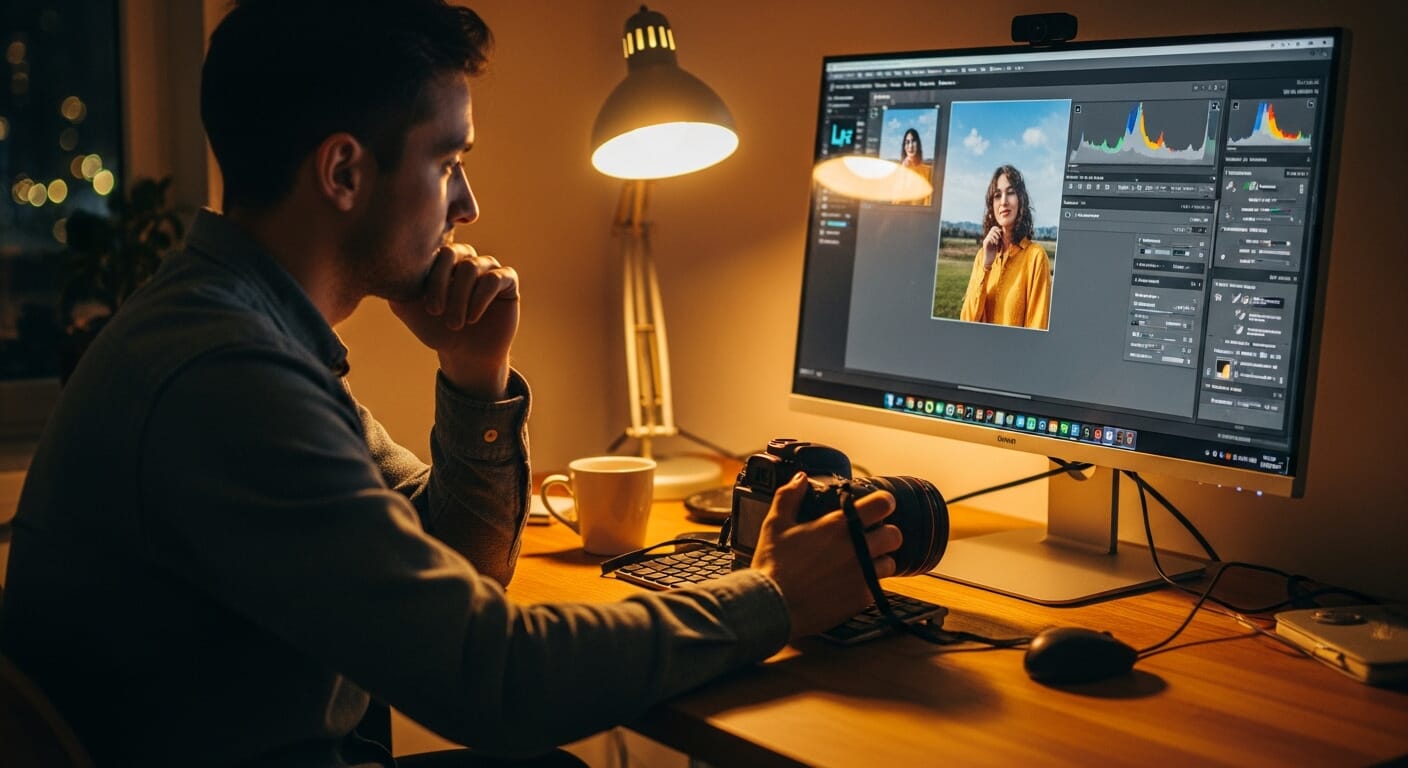 Photographer using AI photo editing tools at desk with large monitor