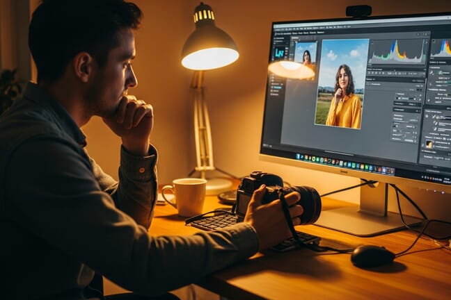 Photographer using AI photo editing tools at desk with large monitor