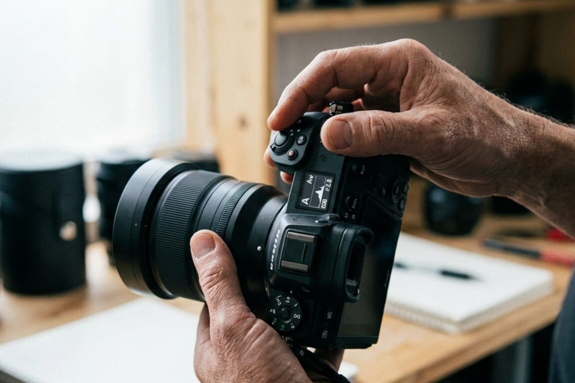 Professional photographer demonstrating aperture priority mode on modern mirrorless camera
