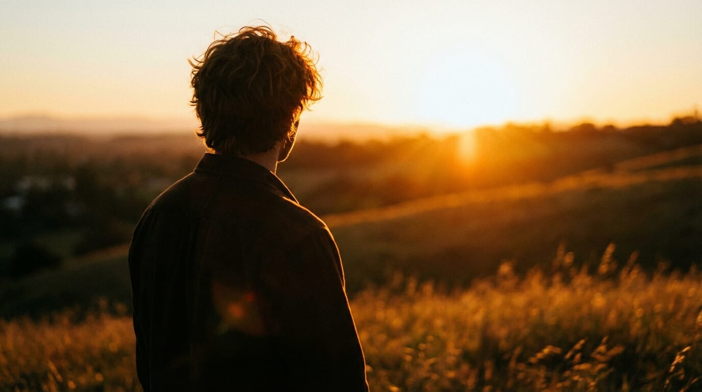 Backlit portrait at golden hour with warm rim light and natural sun flare