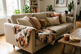 Custom photo blanket draped over a cozy sofa in a warm living room