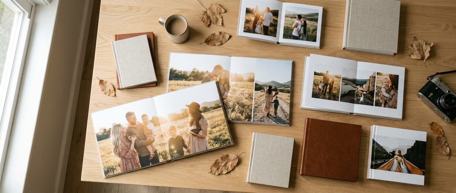 Premium photo books displayed on a wooden table showing family photos and travel memories