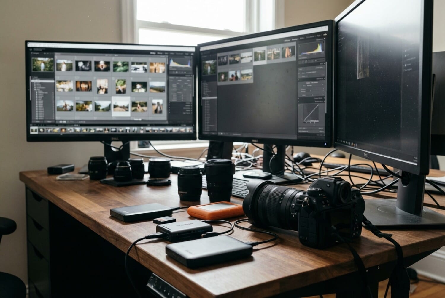 Modern workspace with photo organization software, external drives, and camera equipment for digital photo management