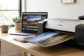 Photo printing software workspace showing a professional printer outputting a colorful landscape print with photo editing software on laptop