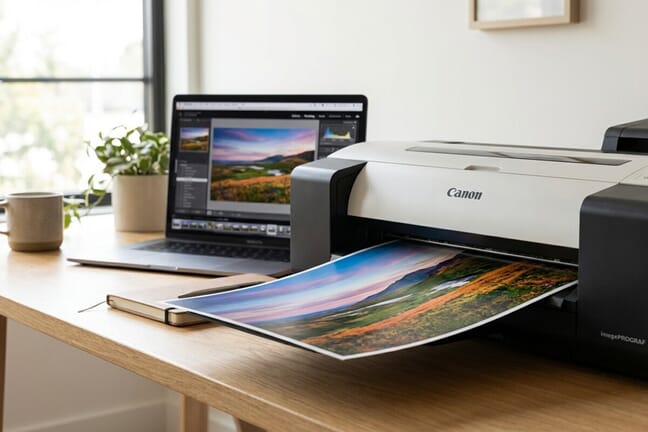 Photo printing software workspace showing a professional printer outputting a colorful landscape print with photo editing software on laptop