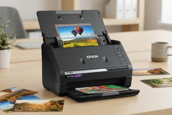 Epson FastFoto FF-680W photo scanner on a desk with printed photos