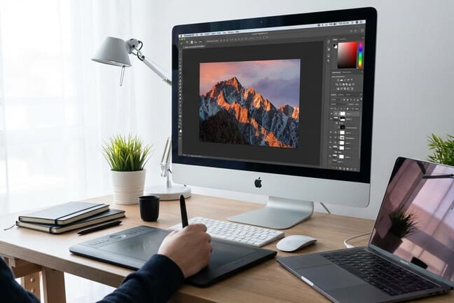 Professional workspace with Adobe Photoshop interface on monitor showing photo editing