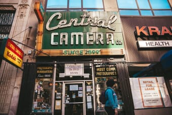 Camera store front with cameras on display