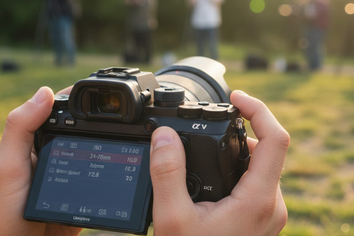 Photographer learning essential camera settings on modern mirrorless camera for better photos