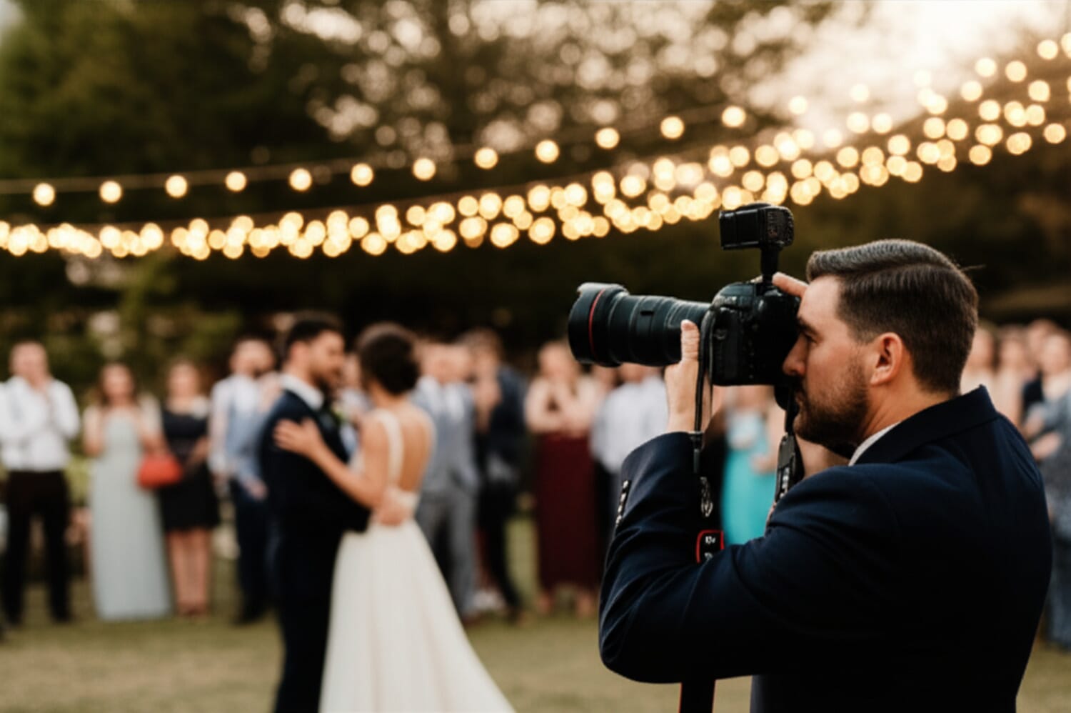 Event photographer capturing the first dance at an outdoor wedding reception with string lights
