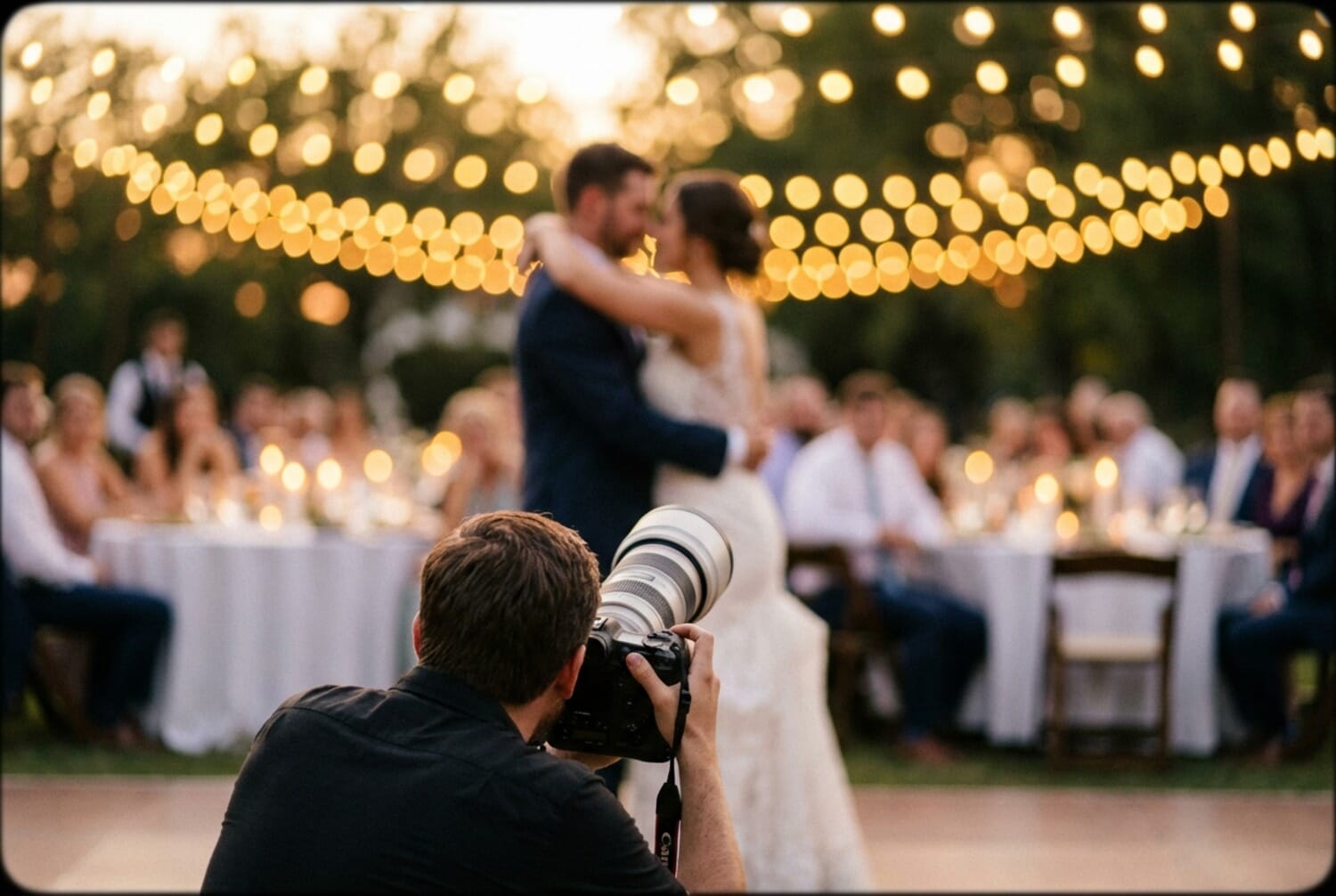 Event photographer capturing the first dance at an outdoor wedding reception