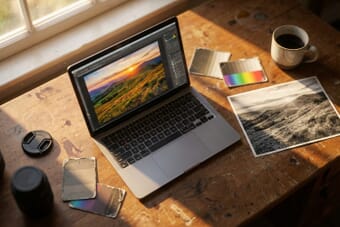 AI photo editing workspace with laptop showing image transformation