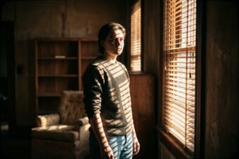 High contrast portrait with dramatic side lighting through venetian blinds creating bold light and shadow patterns