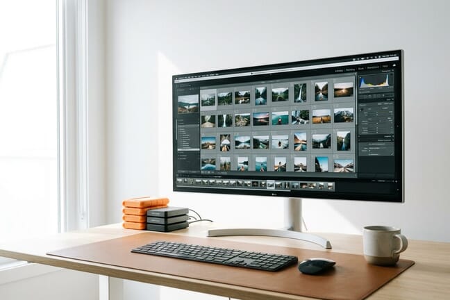 Modern workspace with photo organizing software on monitor and external hard drives