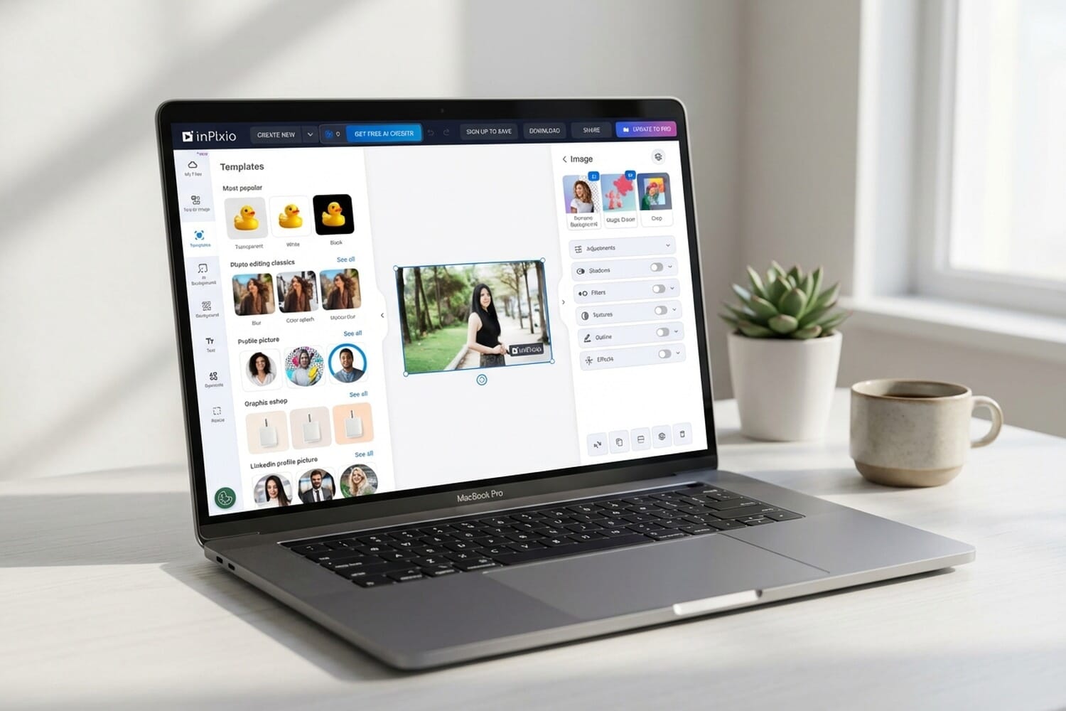 InPixio Photo Studio editor interface shown on a laptop - AI-generated mockup