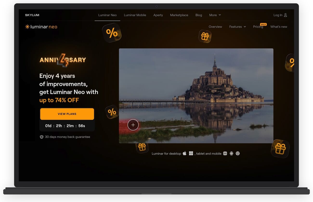Skylum Luminar Neo website showing creative AI photo editing tools